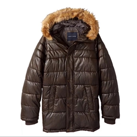 Tommy Hilfiger Leather Parka Winter Coat Fur Hood - Picture 2 of 8